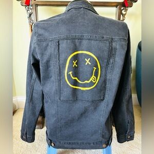 Nirvana Kurt Cobain Black Jean Jacket with Smiley Face Logo 
Size : Large